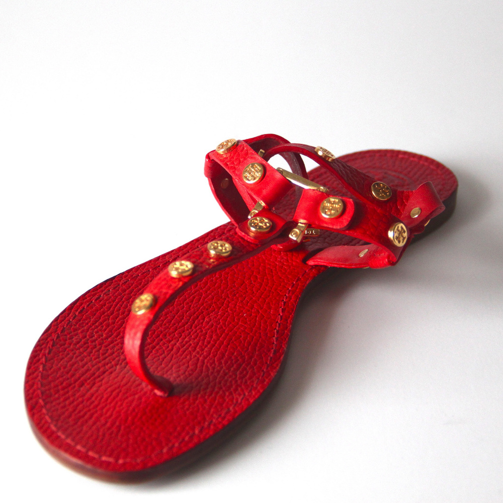 Tory Burch Red Leather Gold Detail Flat Sandals